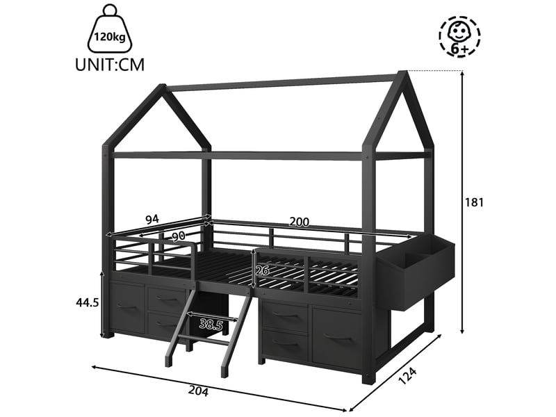  Lit mezzanine modenvie enfant 90 x 200 cm avec toit maison, led et rangements en métal noir  - Conforama C