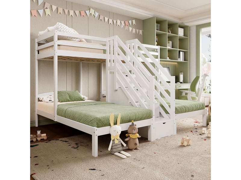  Lit enfant 90x200cm, lit superposé et côte à côte avec rangement, tiroirs, sommiers, pin blanc, sans matelas  - Conforama W