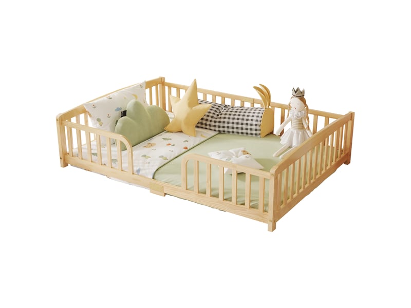  Lit enfant au sol modenvie 140 x 200 cm avec barrières de sécurité ouverture centrale bois de pin coloris naturel  - Conforama A