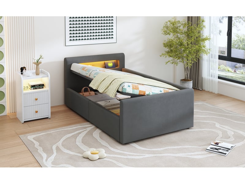  Lit enfant 90x200 cm gris foncé velours avec led lumière nuit port usb rangement hydraulique sommier lattes Sol Morn - Conforama B