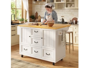 Îlot de cuisine mobile 120x4573x93 cm avec 5 tiroirs, 2 portes, blanc
