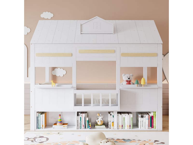 Lit mezzanine enfant 90×200 cm avec bibliothèque et design cabane - sans matelas, bois et mdf - blanc - Conforama C
