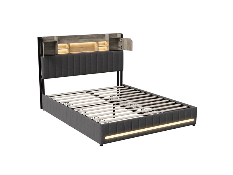  Lit 160x200cm - lit double 160x200cm - lit avec tête de lit de rangement led rgb, station de charge et 2 tiroirs - gris  - Conforama A