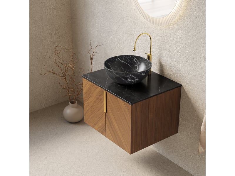  Meuble salle de bain suspendu 61cm, vasque à poser noire en céramique, plan de toilette en pierre frittée pour aménagement de salle d'eau  - Conforama C