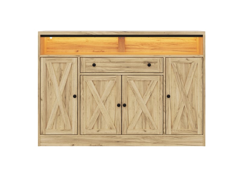 Buffet avec led rgb et avec 4 portes et tiroir, buffet salon 140x35x95 cm en mdf naturel, meubles de rangement - Conforama E