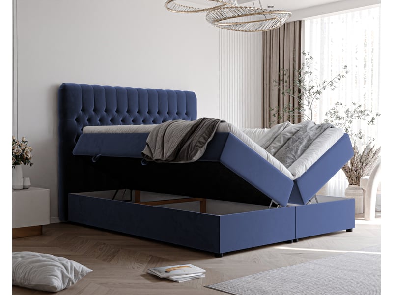  Lit adulte alba - 160x200 cm - matelas ressorts + surmatelas - coffre de rangement - velours dense hydrofuge bleu marine ALBA - Conforama C