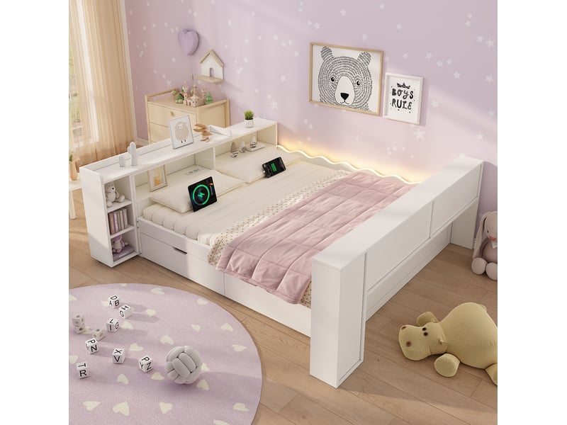  Lit coffre 140x190 cm avec 2 tiroirs, éclairage led et prises usb, panneau de particules, mdf et bois, blanc, sans matelas  - Conforama B