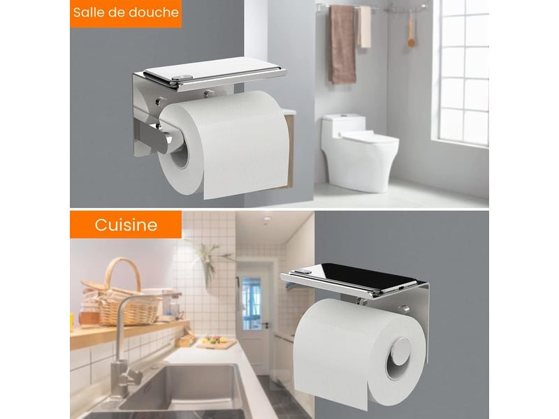  Porte papier toilette, support papier toilette mural | 304 acier inoxydable porte rouleau toilette, installation avec vis ou auto-adhésif, argent  - Conforama D
