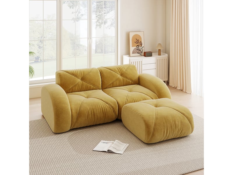 Canapé droit 2 places en tissu jaune, 204 cm, avec 1 poufs W3325S00343 - Conforama B