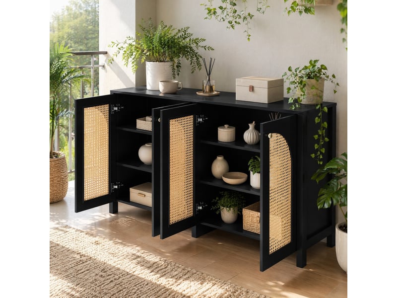 Buffet bas 4 portes noir en mdf, aggloméré et rotin synthétique, style moderne - Conforama B