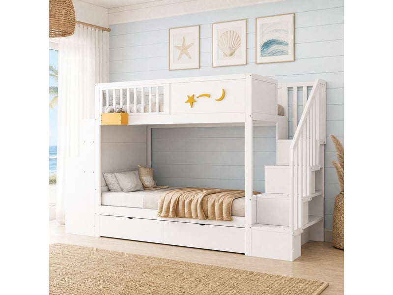  Lit superposé enfant blanc 90 x 200 cm avec bureau, escalier de rangement et tiroirs  - Conforama B