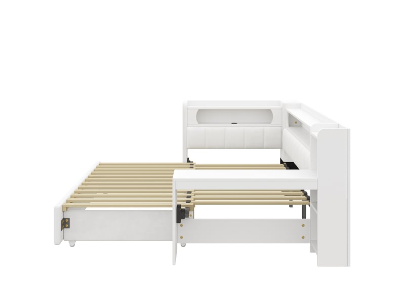 Lit gigogne extensible 90/180x200 cm avec bureau, led 7 couleurs, ports usb, tissu lin blanc, sans matelas - Conforama D