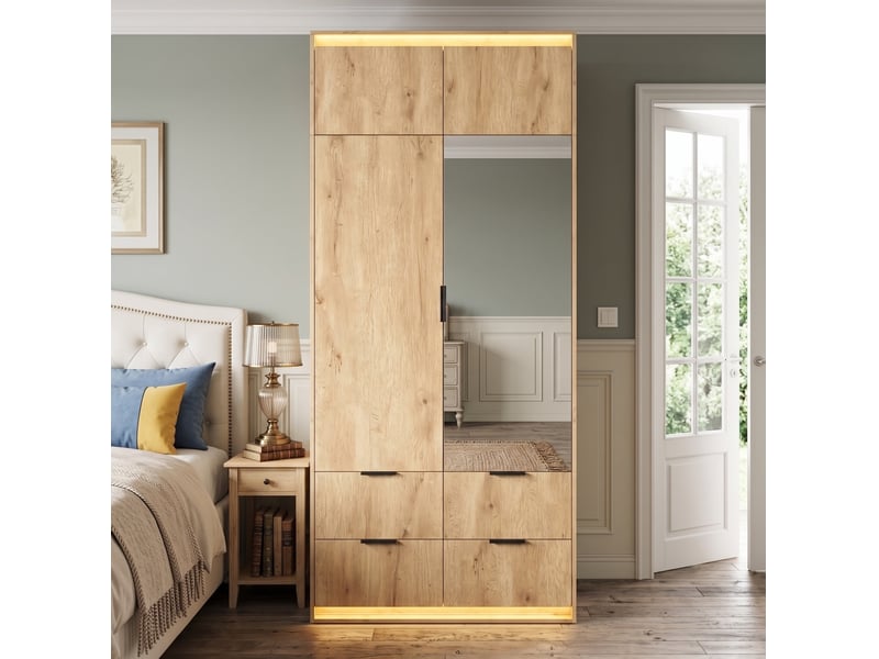  Armoire tcqpz 2 portes avec miroir led 90 x 47 x 200 cm 4 tiroirs penderie mdf décor chêne  - Conforama E