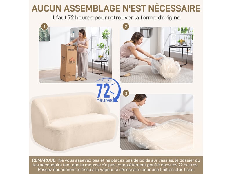  Canapé 2 places canapé en tissu bouclette 142 cm avec dossier et assise incurvés, beige, aucun assemblage requis  - Conforama W