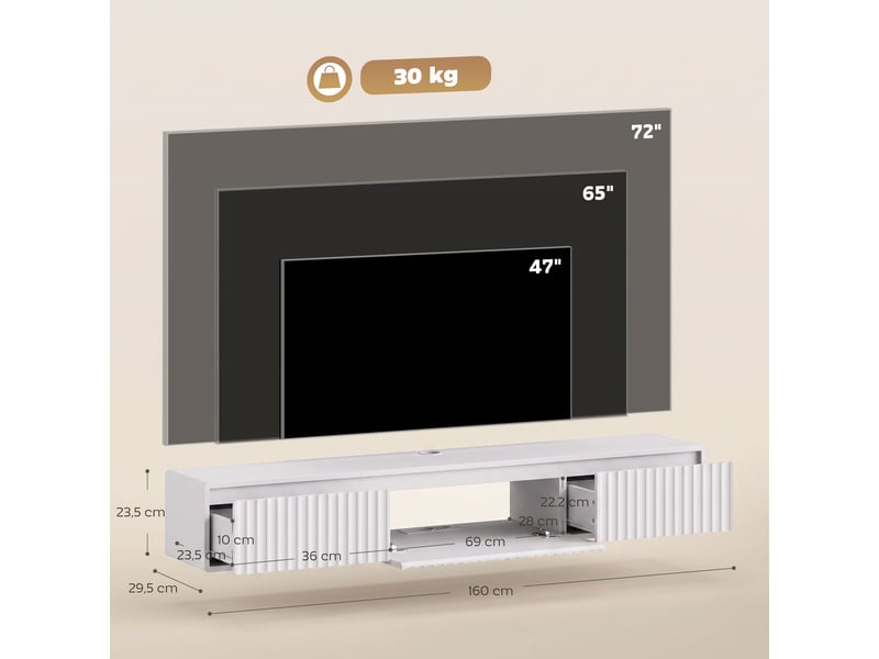  Meuble tv suspendu flottant 160 cm avec éclairage led et prises, meuble télé pour téléviseur 72 pouces, blanc  - Conforama C