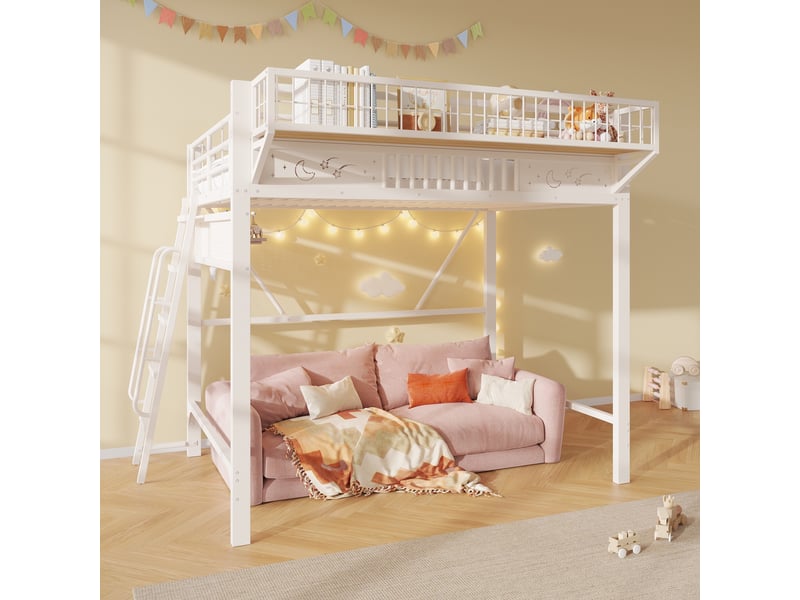  Lit mezzanine 140x200cm - lit double en métal avec étagère suspendue et échelle réversible pour ado et adulte - blanc  - Conforama C