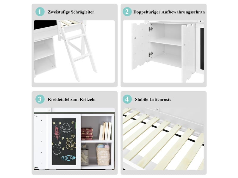 Lit mezzanine enfant simple 90×200 cm, armoire et tableau - échelle inclinée, sans matelas, bois blanc et noir - Conforama E