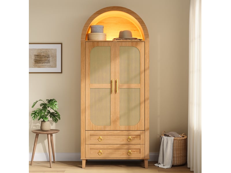  Armoire 2 portes 76x50x184 cm avec led et 2 tiroirs coloris naturel  - Conforama D