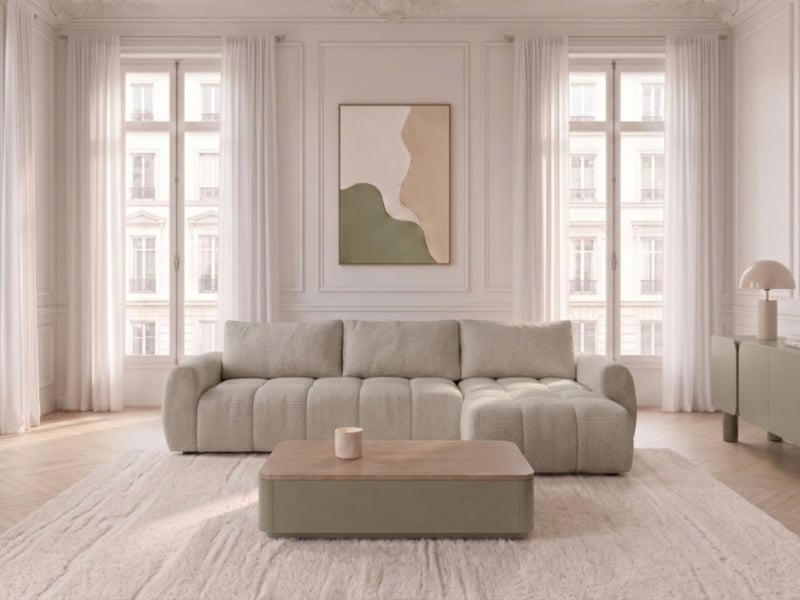  Bobochic canapé d'angle réversible convertible coffre fuji ouverture express tissu chiné beige  réversible FUJI - Conforama B