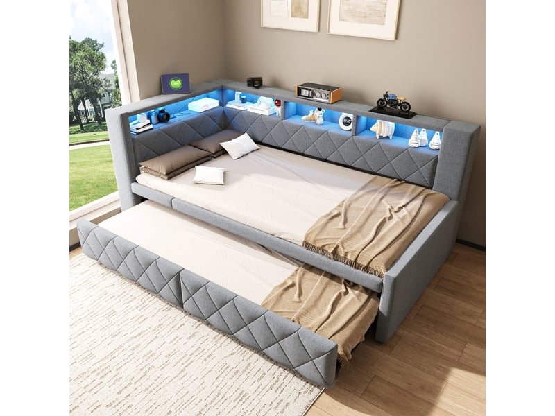  Canapé-lit 90 × 200 cm 180 × 200 cm – avec lit gigogne – éclairage led inclus – prise électrique incluse – revêtement en lin – gris (matelas non inclus)  - Conforama B