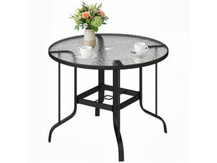 Table de jardin ronde avec trou pour parasol, métal et verre trempé, ø96,5 x 71 cm, noire