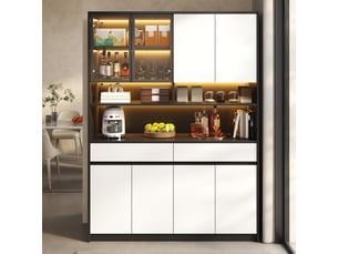 Buffet haut 160x120x38 cm, meuble rangement cuisine avec 2 tiroirs, 2 portes verre et 4 portes massif
