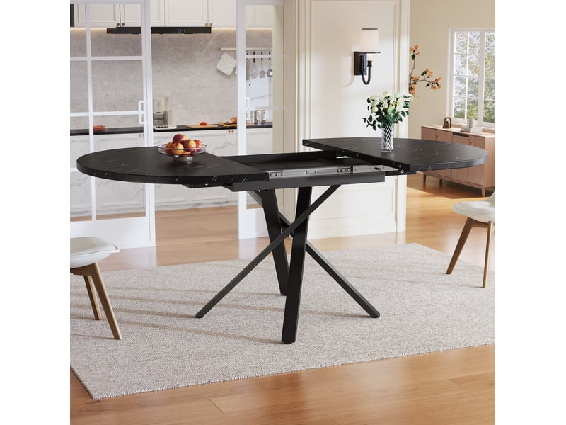  Table de salle à manger extensible ronde avec plateau effet marbre et pieds réglables, pour cuisine et séjour, noir  - Conforama D