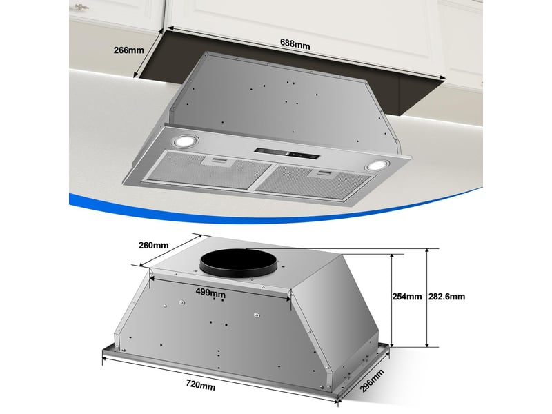 Hotte aspirante encastrable 72 cm, 400 m³h, 3 vitesses avec booster, commande tactile et gestuelle, évacuation ou recyclage - Conforama C