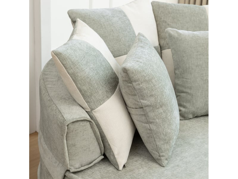  Fauteuil avec pouf rond avec 5 coussins et assise profonde, confort enveloppant, en chenille vert menthe  - Conforama E