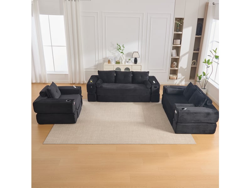 Canapé-lit pliant 3 places en velours côtelé noir avec poches et porte-gobelets  - Conforama E