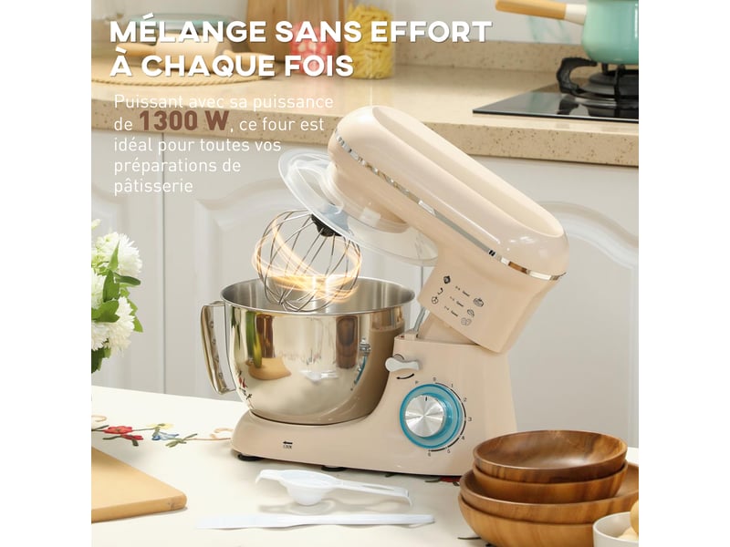  Robot pâtissier 1300 w, robot pétrin professionnel 4,5 l, bol d'acier inoxydable, 6+p vitesses et pulse, beige  - Conforama D