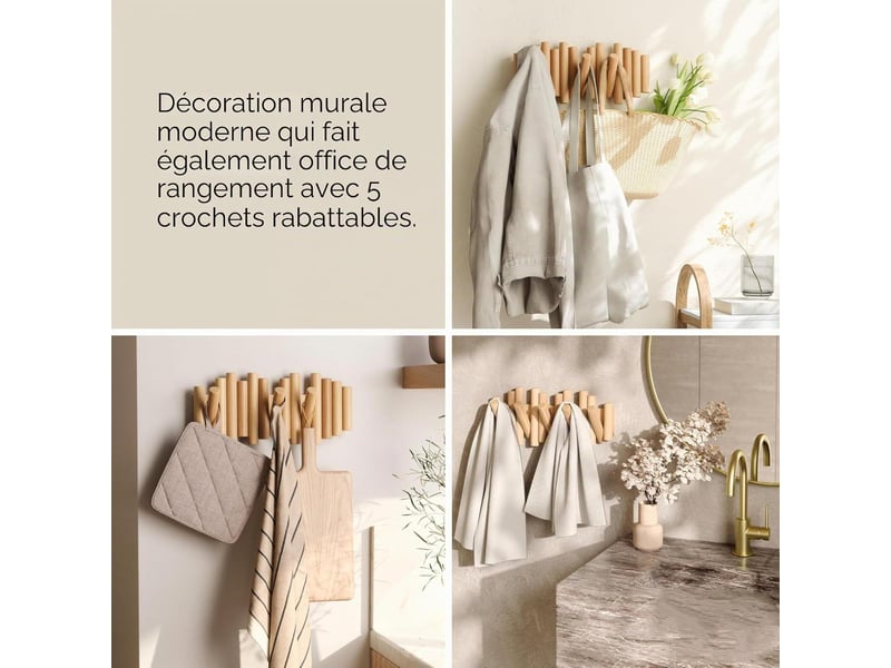  Porte-manteau mural à 5 ​​crochets, bois naturel, dimensions: 29,5 x 16,5 x 4,4 cm, jaune  - Conforama D