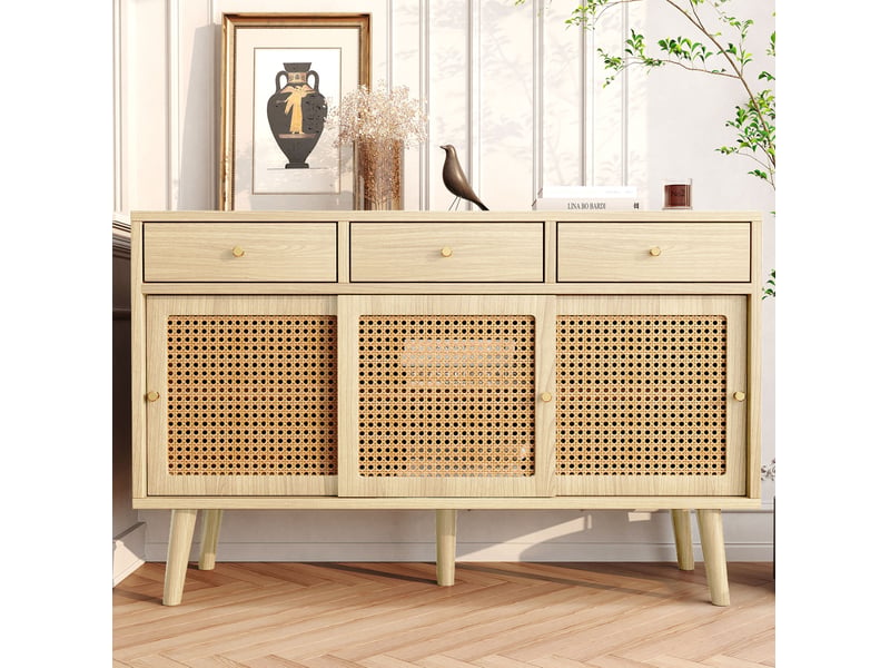  Buffet bas à portes coulissantes – 3 tiroirs, façades en cannage, chêne clair – 120 x 40 x 78 cm  - Conforama C