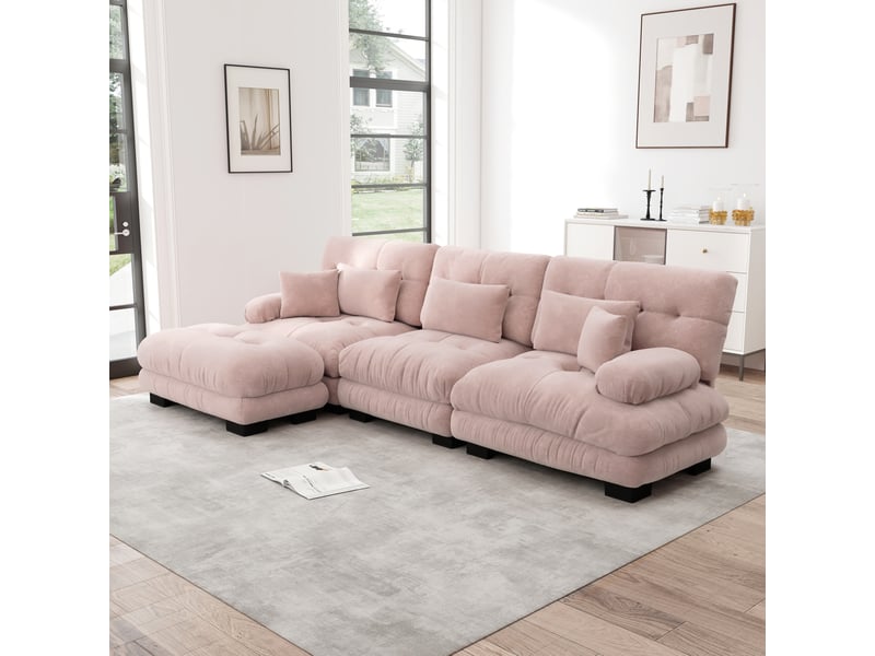 Canapé d'angle modulable modenvie 3 places convertible 313 x 145 cm en chenille rose avec ottomans mobiles - Conforama B
