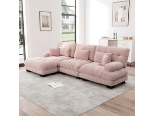Canapé d'angle modulable modenvie 3 places convertible 313 x 145 cm en chenille rose avec ottomans mobiles
