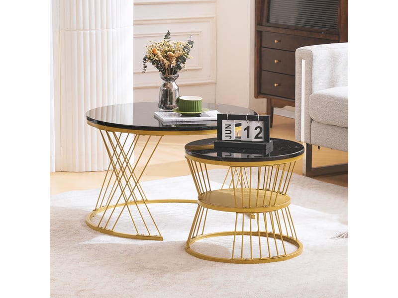  Tables basses gigognes rondes lot de 2 avec pieds réglables, plateau mdf motif marbre noir structure dorée pour salon  - Conforama B