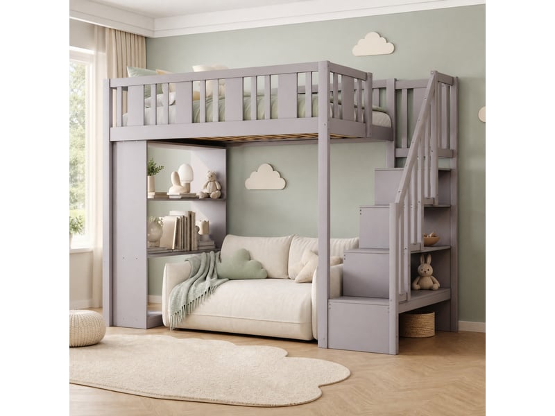  Lit mezzanine enfant 90x200 cm avec escalier de rangement gris  - Conforama D