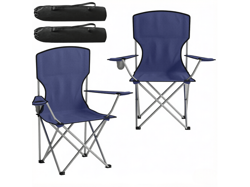  Lot de 2 chaises de camping pliantes 88x57x97 cm – bleu foncé et gris argenté – porte-gobelet intégré  - Conforama A