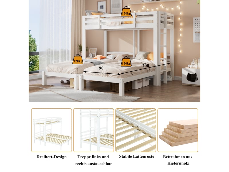 Lit superposé blanc avec sommier à lattes inclus et garde-corps - Conforama D