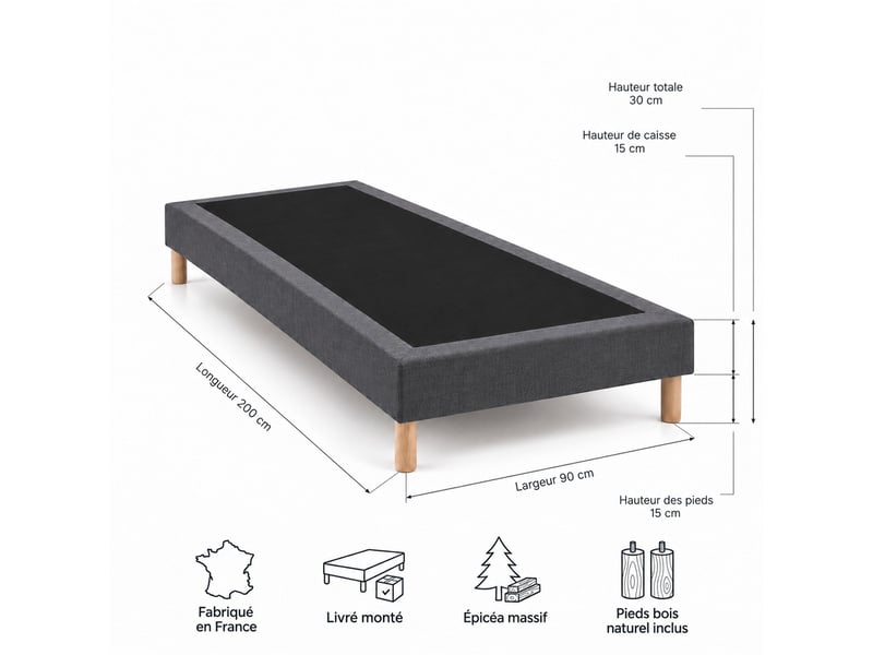  Sommier tapissier déco 90x200 cm gris - hauteur 30 cm - pieds inclus  - Conforama E