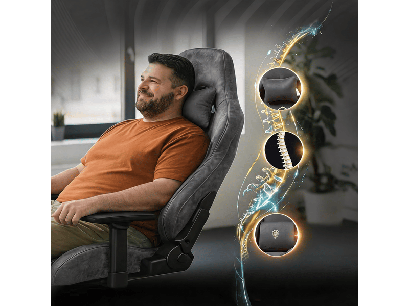  Fauteuil gaming – coussin lombaire massant – revêtement en microfibre – repose-pieds – dossier inclinable jusqu’à 160° – gris  - Conforama D