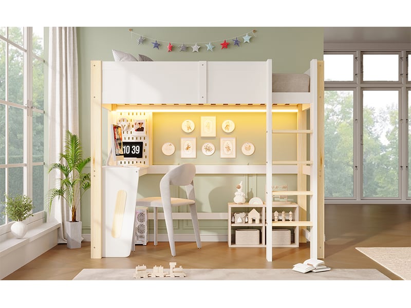  Lit mezzanine ,90x200 cm,avec bureau panneau led,pin MDF,naturel blanc  - Conforama B