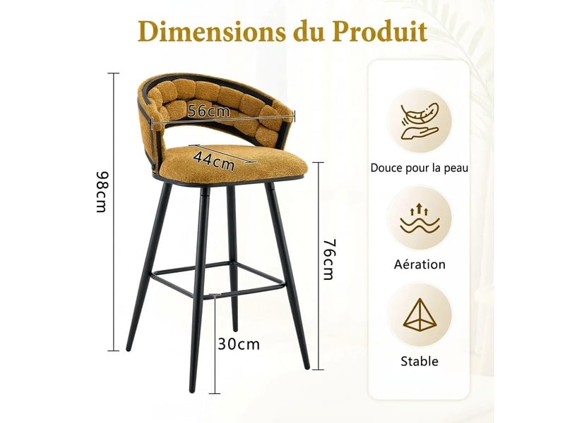  Lot de 4 tabourets de bar velours jaune avec pieds en métal noir, hauteur 98.5 cm, design moderne  - Conforama C