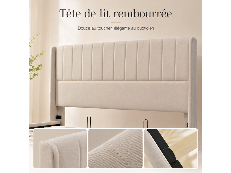 Lit 160x200 cm - lit coffre double adulte avec rangement hydraulique - lit rembourré tapissé 2 personnes - sommier à lattes en bois et tête de lit capitonné - cadre de lit moderne - structure de lit ado -lit queen - 2 place - li… - Conforama D
