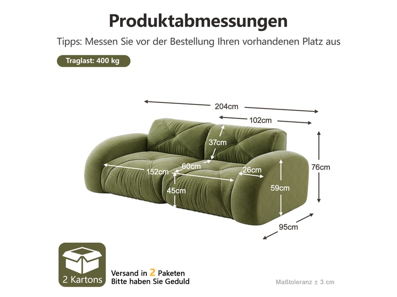  Canapé modulable 2 places 204 cm canapé sans armature en tissu chenille avec mousse haute densité 32d, design antidérapant, sans montage, vert Seren Glow - Conforama C