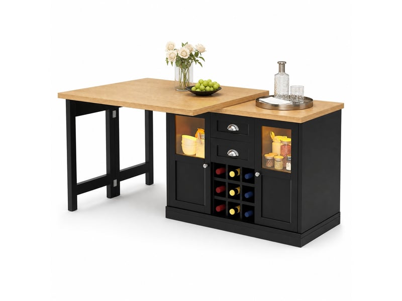  Table extensible rotative avec led, 2 tiroirs et rangement, cuisine, 120-197×40×72 cm noir  - Conforama A
