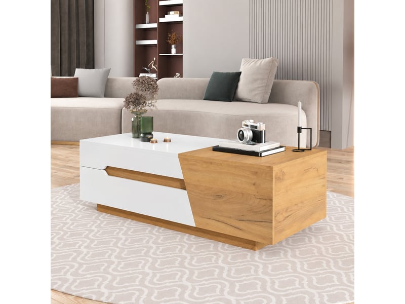  Table basse coulissante blanche et bois avec rangement, 120 x 50 x 37,5 cm  - Conforama B