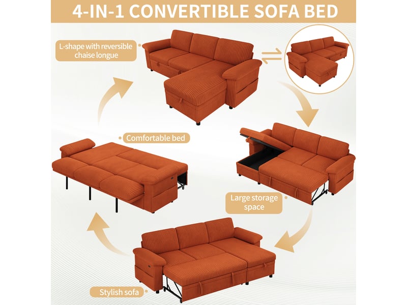  Canapé d'angle convertible, velours côtelé orange 3 places, méridienne réversible avec coffre de rangement pour salon, 214x138.5cm  - Conforama E