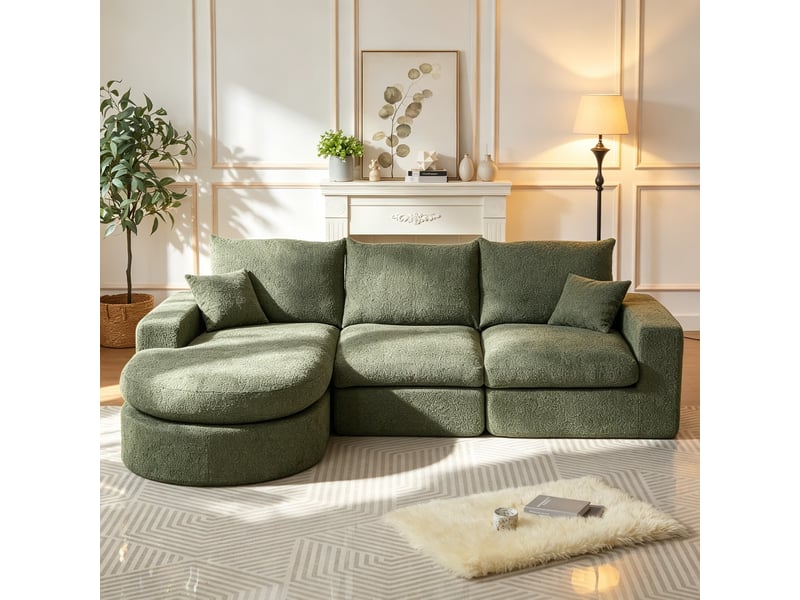  Canapé d’angle, chenille, modules courbes et méridienne, compressé sans armature, mousse, 80x250x160 cm, vert  - Conforama D