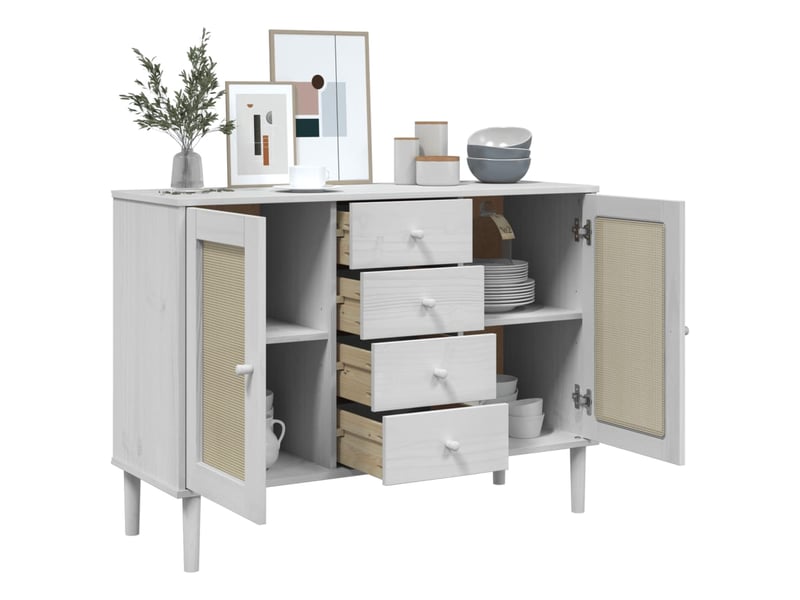  Buffet - bahut - meuble de rangement senja aspect rotin blanc 112x40x80cm bois massif de pin  - Conforama D